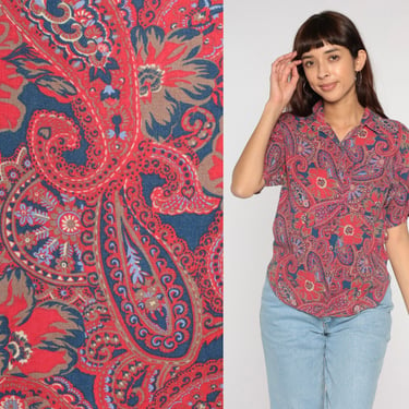 Paisley Floral Blouse 90s Blue Red Button Up Shirt Boho Short Sleeve Top Bohemian Groovy Psychedelic Hippie Shirt Vintage 1990s Small 