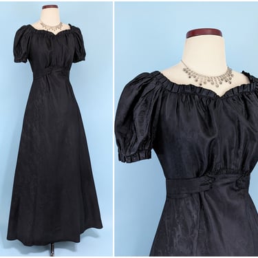Vintage 1930s/Early 1940s Old Hollywood Glamour Black Brocade Evening Gown, Vintage 30s Full Length Ball Gown 
