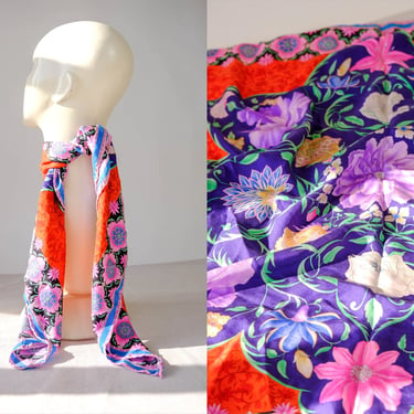 Vintage LEONARD PARIS Vibrant Pastel Mandala Floral Botanical Print Hand Rolled Silk Scarf | 100% Silk | 32x34 | French Designer Silk Scarf 