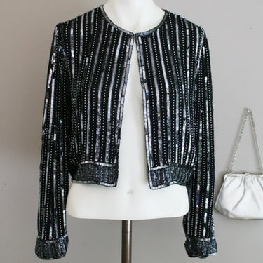 1980s-90s Black Sequined Cocktail Jacket by Lawrence Kazar- Beaded Party Top- Size Small 