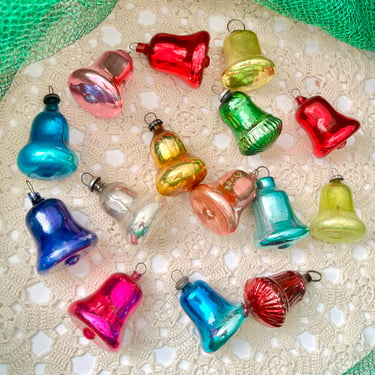 Vintage Bell Ornaments, Lot 15, Vintage Glass Christmas Ornaments, Multi Colors, Small, Marked Japan, Mid Century Holiday Decor 