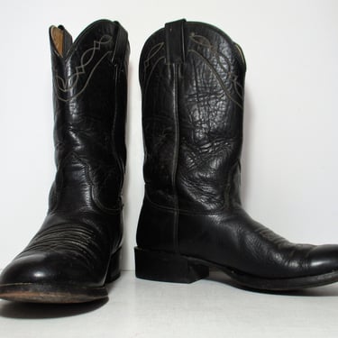 Vintage 1990s Nocona Cowboy Boots, Black Bullhide Leather, Size 8 1/2 EE Men 