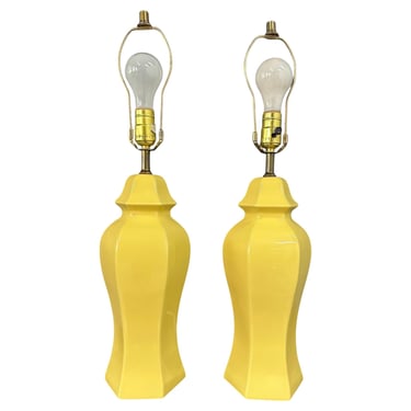 1970s Buttery Yellow Ceramic Chinoiserie Pair of Table Lamps Mid Century