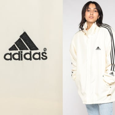 Cream Adidas Windbreaker Y2K Striped Track Jacket Retro Wind Breaker Sporty Zip Up Warmup Retro Athletic Streetwear Vintage 00s Mens Large L 