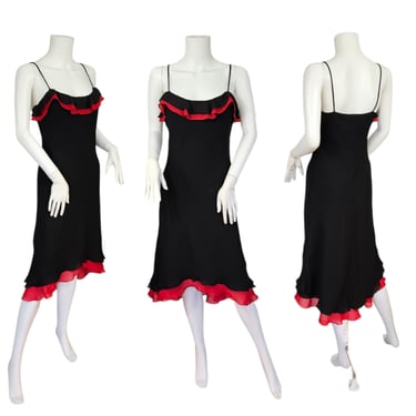 1990's Black Red Ruffle Hem Cha-Cha Slip Dress I Sz Sm I Bisou Bisou 