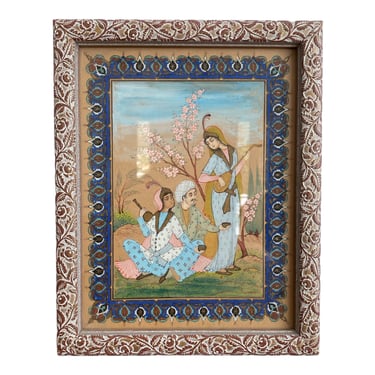 A framed Persian miniature painting of 2 women & a man. Vintage watercolor on paper 