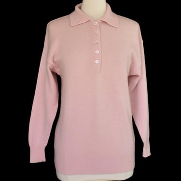 Vintage 1990s Pink Cashmere Collared Sweater by Neiman Marcus, Polo Style, Size M to L 