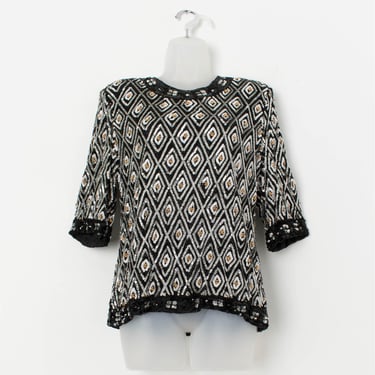 Vintage Frank Usher sequin top in black and white with gold detail - Small 