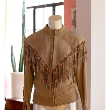 Vintage Suede Cardigan - Western-Style Sweater - 1980s - Miller Outerwear - Fringe, Beaded, Cowgirl 