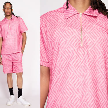 Pink Polo & Shorts Set - Men's Large | Geometric Print Zip Up Shirt Matching Outfit 