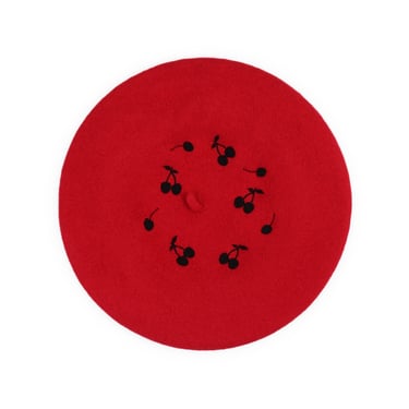 Embroidered Cherry Silhouette Red Beret 