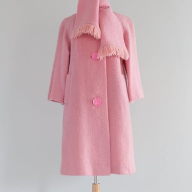 Fabulous 1960's Bubble Gum Pink Spring Coat With Scarf / Medium