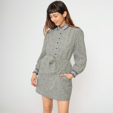 Vintage Geometric Print Shirt Dress 80s Black White Triangle Pattern Tie Belt Mini Dress 1980s Button Up Collared Long Sleeve Medium Petite 