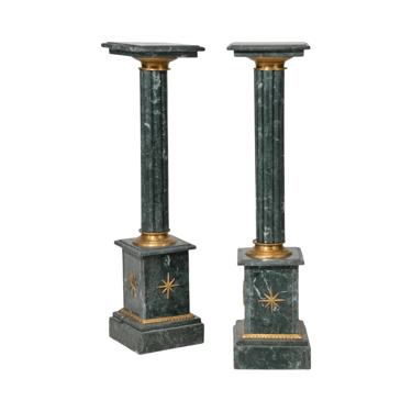 Pedestals, Green Marble, Pair, Gilt Accents, 42 Ins Tall, Vintage / Antique!!