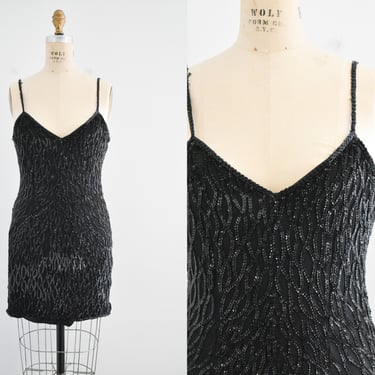 1990s Sequin and Beaded Black Mini Dress 