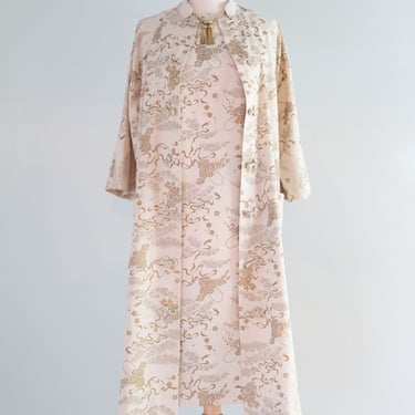 Elegant Early 1960's Raw Silk Japanese Shift Dress With Matching Coat / Medium