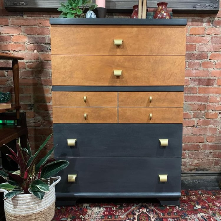 Dressed up mid-century modern 5 drawer tallboy dresser by United Furniture Company