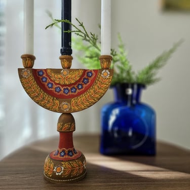 Vintage Polish Wood Folk Art Candelabra | Candleholder 