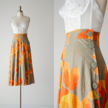orange linen skirt | 90s vintage taupe orange leaf pattern academia cottagecore fit and flare long flowy midi skirt 