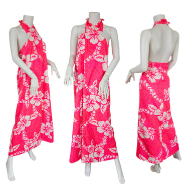 Royal Hawaiian 1980's Pink Barkcloth Floral Print Beach Cover Up Wrap Maxi Dress I Sz O/S 