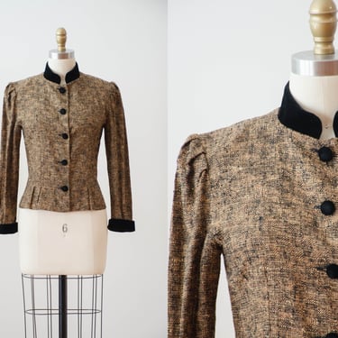 brown tweed jacket | 80s 50s style vintage dark academia brown black velvet nipped waist cropped fitted blazer 