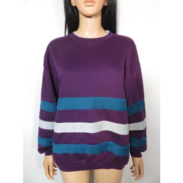 Vintage 90s Eggplant Purple Colorblock Striped Sweatshirt Size S/M 