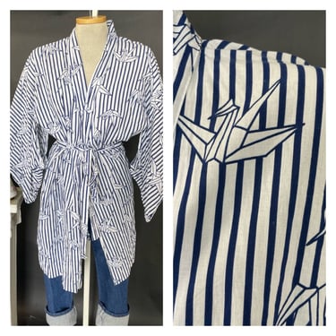 Vintage 1980s 80s 1990s Robe Kimono Cotton Paper Crane Print Tie Waist Peignoir Cover Up Duster 