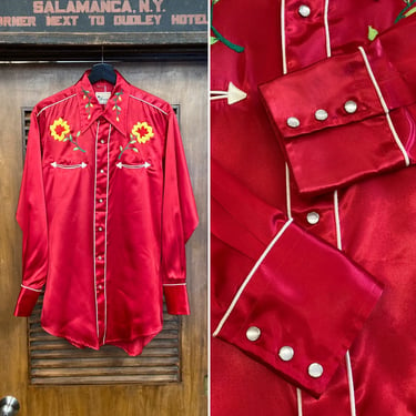 Vintage 1960’s Red Satin Western Cowboy Glam Mod Pearl Snap Rockabilly Shirt, 60’s Vintage Clothing 