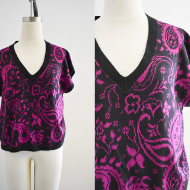 1980s Hot Pink and Black Paisley Sweater 