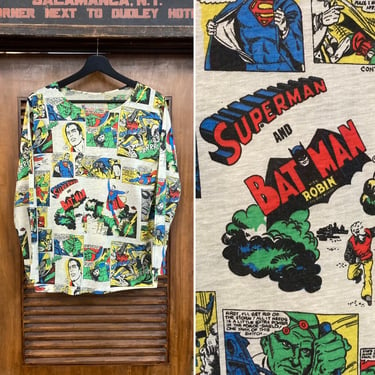 Vintage 1970’s Dated 1975 Superman x Batman DC Comics Superhero Cartoon Knit T-Shirt, 70’s Tee Shirt, Vintage Clothing 