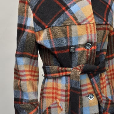 vintage 1970s earth toned wool plaid coat w/ hood S/M 