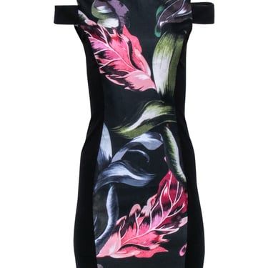 Ted Baker - Black Cold Shoulder Dress w/ Multi-Color Leaf Print Sz 1