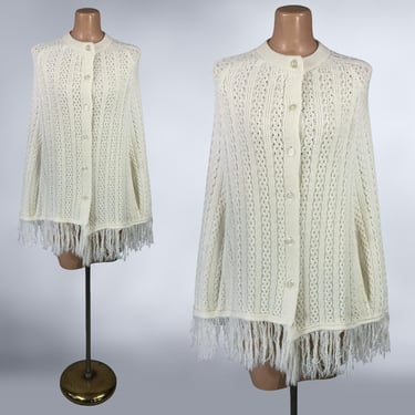 VINTAGE 60s 70s Knit Sweater Cape with Fringe OS Poncho Jacket | 1960s 1970s Cream Ivory Button Front BOHO Hippie Cardigan | vfg 