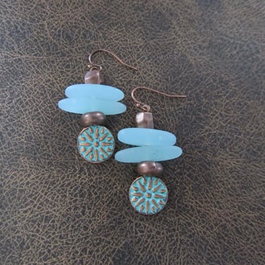 Frosted glass and patinated copper earrings 