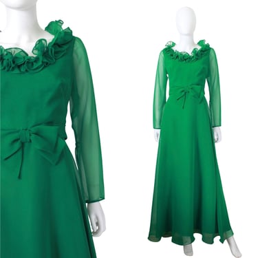 Late 1960s Miss Elliette Kelly Green Nylon Chiffon Ruffle Maxi Dress - 1960s Green Gown - Vintage Green Nylon Maxi Dress | Size Medium 