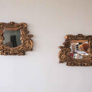 Pair 2 Vintage CARVED RELIEF Frame Wall MIRRORS 16x20&quot; Gilt Molded Plaster Native Islander Motif Rococo Syroco Mid-Century Modern eames era 