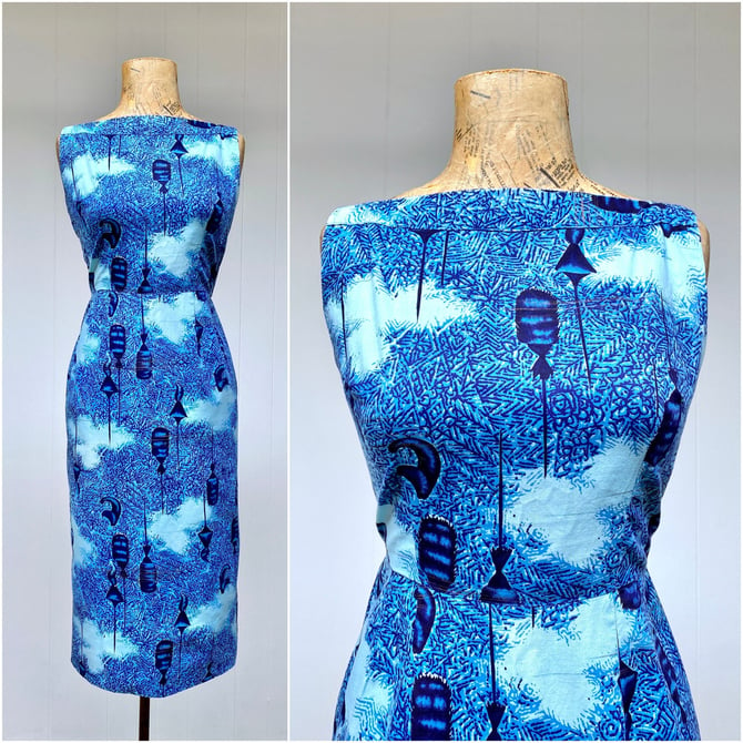 Vintage 1950s Blue Hawaiian Wiggle Dress, Sleeveless Mid-Century Sheath w/Bateau Neckline, Summer Resort Wear, Tiki Oasis, Small 