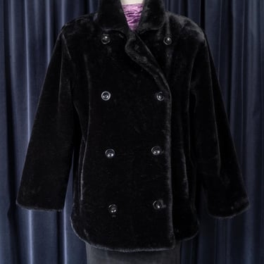 90s Black Faux Fur Plush Double-Breasted Coat by Gallery 