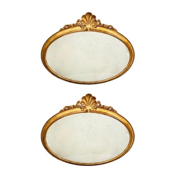 #1489 Pair of Italian Giltwood Grotto Shell Antiqued Mirrors