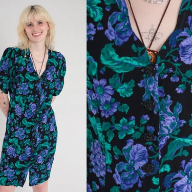 Floral Mini Dress 80s 90s All That Jazz Button up Puff Sleeve Dress Scalloped V Neck Garden Party Black Purple Green Vintage 1990s Medium 