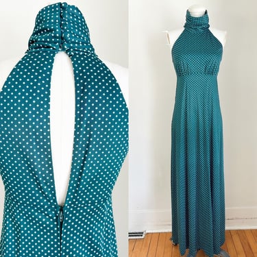 Vintage 1970s Forest Green & White Polka Dotted Maxi Dress / S 