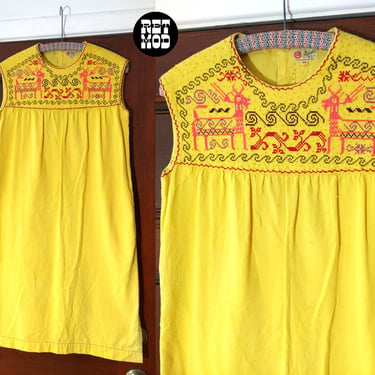 Boho Vintage 70s Yellow Mexican Dress with Deer Embroidery & Beading 