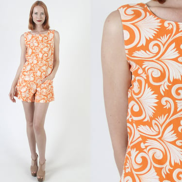 All Over Print 60s Romper Vintage Orange Cotton Playsuit Womens Mini Shorts With Pockets 