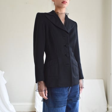 50s structured strong shoulder black fitted blazer with scalloped pockets 