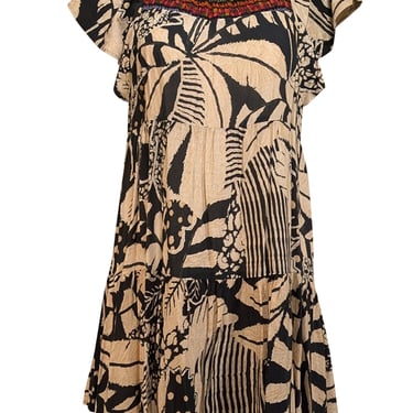 Farm - Beige & Black Leaf Print Flutter Sleeve Mini Dress Sz P