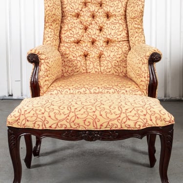 Rococo Style Upholstered Wing Armchair and Ottoman