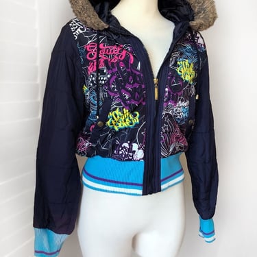 Vintage 1990's HIP HOP by South Pole Puffer Jacket Coat, Graffiti Print, Ski Jacket, Winter Coat, Faux Fur Hoodie Black Bright Colors 