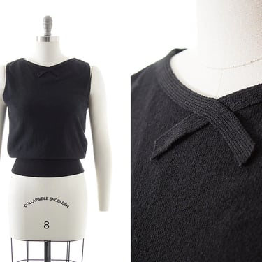 Vintage 1950s 1960s Top | 50s 60s Black Knit Sleeveless Minimalist Separates Blouse (x-small/small) 