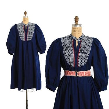 Vintage 70s Navy blue puff sleeve cotton dress 