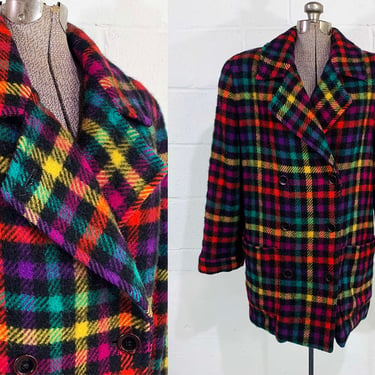 Vintage Rainbow Plaid Wool Winter Coat Henry Grethel Black Peacoat Jacket Hipster Dopamine Dressing 1980s 1970s Large XL 
